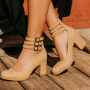 Women's Vintage Double Buckle Ankle Strap Heels – Block Heel Round Toe Pump