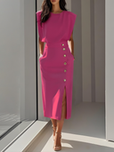 Women's Sleeveless Midi Dress – Shoulder Pad Crew Neck Gold Button Front Slit