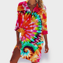 Women's Tie Dye Shirt Dress – V Neck Long Sleeve Button Down Beach Summer Mini