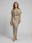 Women's Abstract Print Midi Dress – Deep V Neck Twist Waist Short Sleeve Wedding Guest