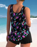 Women's Leaf Print Tankini Set – Sleeveless Scoop Neck Two Piece Swimsuit