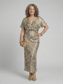 Women's Abstract Print Midi Dress – Deep V Neck Twist Waist Short Sleeve Wedding Guest