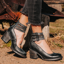 Women's Vintage Double Buckle Ankle Strap Heels – Block Heel Round Toe Pump