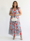 Women's Floral Midi – V Neck Flutter Sleeve Tiered Garden Party Summer Dress