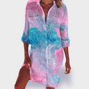 Women's Tie Dye Shirt Dress – V Neck Long Sleeve Button Down Beach Summer Mini