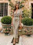Women's Abstract Print Midi Dress – Deep V Neck Twist Waist Short Sleeve Wedding Guest