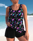 Women's Leaf Print Tankini Set – Sleeveless Scoop Neck Two Piece Swimsuit