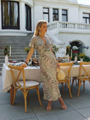 Women's Abstract Print Midi Dress – Deep V Neck Twist Waist Short Sleeve Wedding Guest