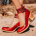 Women's Vintage Double Buckle Ankle Strap Heels – Block Heel Round Toe Pump