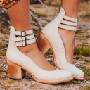 Women's Vintage Double Buckle Ankle Strap Heels – Block Heel Round Toe Pump
