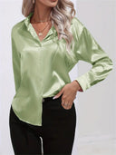 Women's Satin Button Down Blouse – Long Sleeve Collared Work Office Top