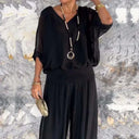 Women's Solid Batwing Sleeve Two-Piece Set – V Neck Blouson Top Wide-Leg Pants