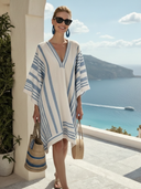 Women's Stripe Kaftan Knee Length – V Neck Wide Sleeve Beach Cover Up Dress