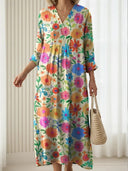 Women's Bright Floral Maxi Dress – V Neck 3/4 Sleeve Casual Summer Garden Dress
