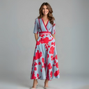 Women's Bold Floral Wrap Maxi – V Neck Elbow Sleeve Contrast Trim Wedding Guest Dress