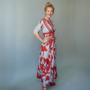 Women's Bold Floral Wrap Maxi – V Neck Elbow Sleeve Contrast Trim Wedding Guest Dress