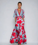 Women's Bold Floral Wrap Maxi – V Neck Elbow Sleeve Contrast Trim Wedding Guest Dress
