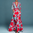 Women's Bold Floral Wrap Maxi – V Neck Elbow Sleeve Contrast Trim Wedding Guest Dress