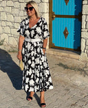 Women's Floral Midi – V Neck Flutter Sleeve Belted A-Line Summer Wedding Guest Dress