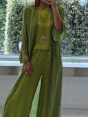 Women's Satin Three Piece Set – Crew Neck Tank Top Wide Leg Pants Longline Cardigan