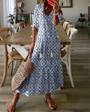 Women's Boho Ikat Print Maxi Dress – V Neck Tassel Tie Half Sleeve Summer