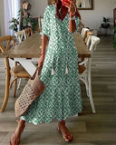 Women's Boho Ikat Print Maxi Dress – V Neck Tassel Tie Half Sleeve Summer