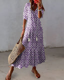 Women's Boho Ikat Print Maxi Dress – V Neck Tassel Tie Half Sleeve Summer