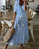 Women's Boho Ikat Print Maxi Dress – V Neck Tassel Tie Half Sleeve Summer