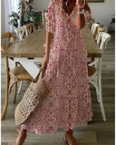 Women's Boho Ikat Print Maxi Dress – V Neck Tassel Tie Half Sleeve Summer