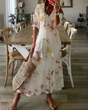 Women's Boho Ikat Print Maxi Dress – V Neck Tassel Tie Half Sleeve Summer