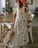 Women's Boho Ikat Print Maxi Dress – V Neck Tassel Tie Half Sleeve Summer