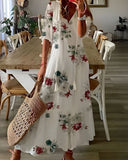 Women's Boho Ikat Print Maxi Dress – V Neck Tassel Tie Half Sleeve Summer