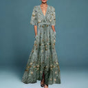 Women's Floral Maxi Dress – Deep V Neck Half Sleeve A-Line Wedding Guest