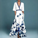 Women's Floral Maxi Dress – Deep V Neck Half Sleeve A-Line Wedding Guest