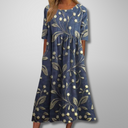 Women's Floral Midi Dress – Round Neck Half Sleeve Smocked Waist Pockets Boho