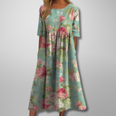 Women's Floral Midi Dress – Round Neck Half Sleeve Smocked Waist Pockets Boho