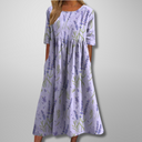 Women's Floral Midi Dress – Round Neck Half Sleeve Smocked Waist Pockets Boho