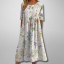Women's Floral Midi Dress – Round Neck Half Sleeve Smocked Waist Pockets Boho