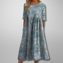Women's Floral Midi Dress – Round Neck Half Sleeve Smocked Waist Pockets Boho