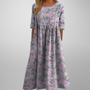 Women's Floral Midi Dress – Round Neck Half Sleeve Smocked Waist Pockets Boho