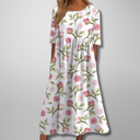Women's Floral Midi Dress – Round Neck Half Sleeve Smocked Waist Pockets Boho