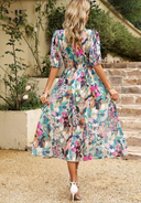 Women's Floral Midi Dress – V Neck Puff Sleeve Gathered Waist Summer Garden Party