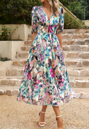 Women's Floral Midi Dress – V Neck Puff Sleeve Gathered Waist Summer Garden Party