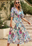 Women's Floral Midi Dress – V Neck Puff Sleeve Gathered Waist Summer Garden Party