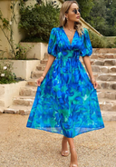 Women's Floral Midi Dress – V Neck Puff Sleeve Gathered Waist Summer Garden Party