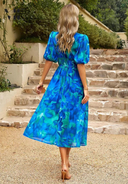 Women's Floral Midi Dress – V Neck Puff Sleeve Gathered Waist Summer Garden Party