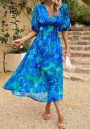 Women's Floral Midi Dress – V Neck Puff Sleeve Gathered Waist Summer Garden Party