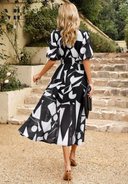 Women's Floral Midi Dress – V Neck Puff Sleeve Gathered Waist Summer Garden Party