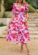 Women's Floral Midi Dress – V Neck Puff Sleeve Gathered Waist Summer Garden Party