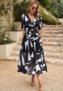 Women's Floral Midi Dress – V Neck Puff Sleeve Gathered Waist Summer Garden Party